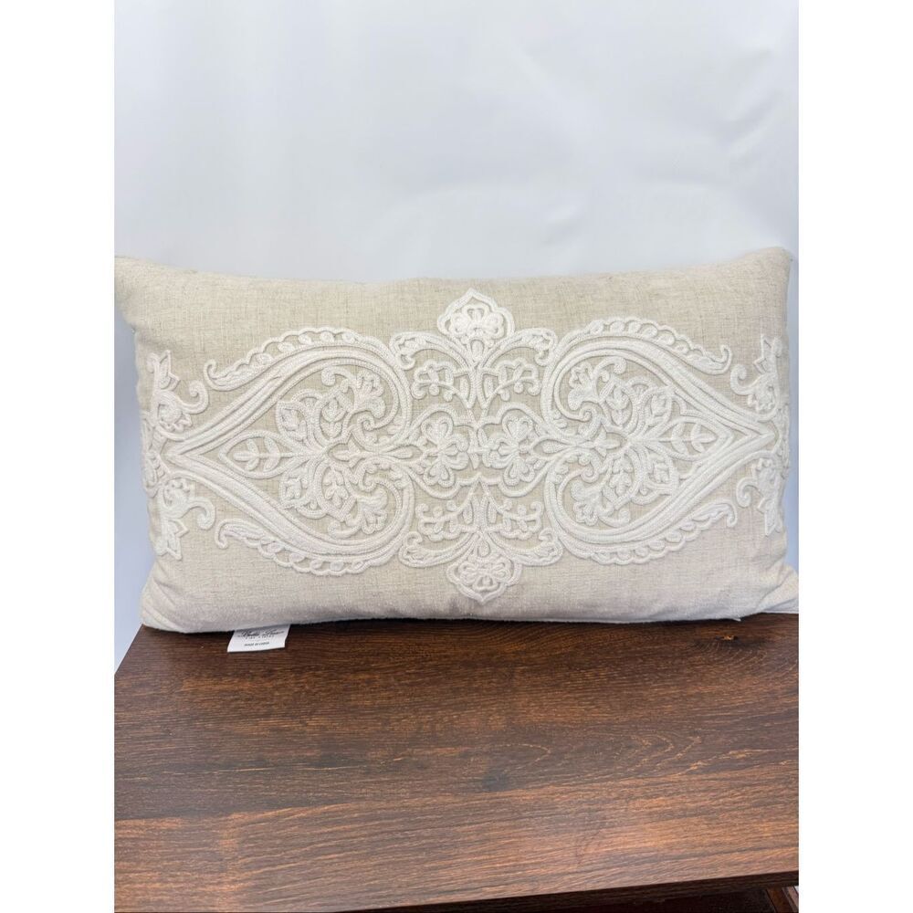Bella Lux Fine Linens embroidered feather rectangle pillow 14x23'
